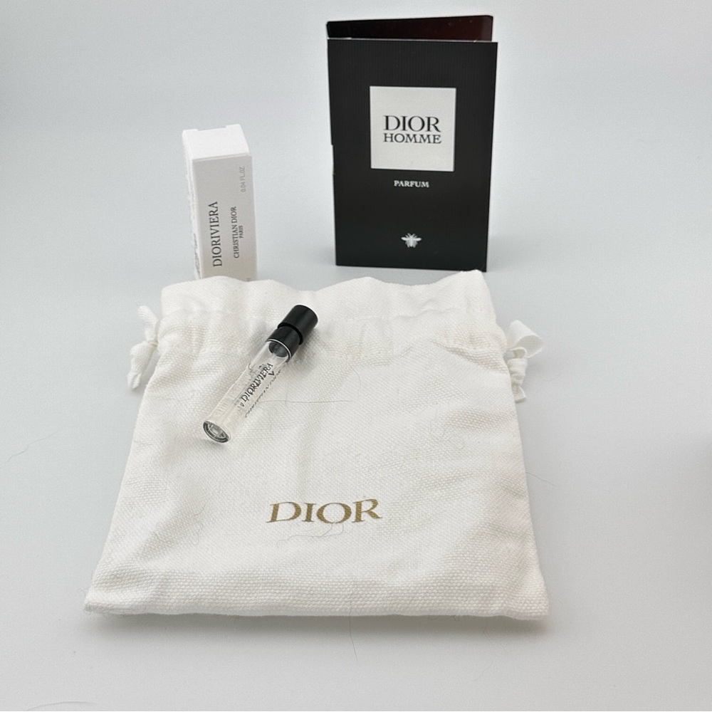 🆕 DIOR 3 pc Dior Homme Parfum & Diorivera Sample Set w/ White Dior Pouch